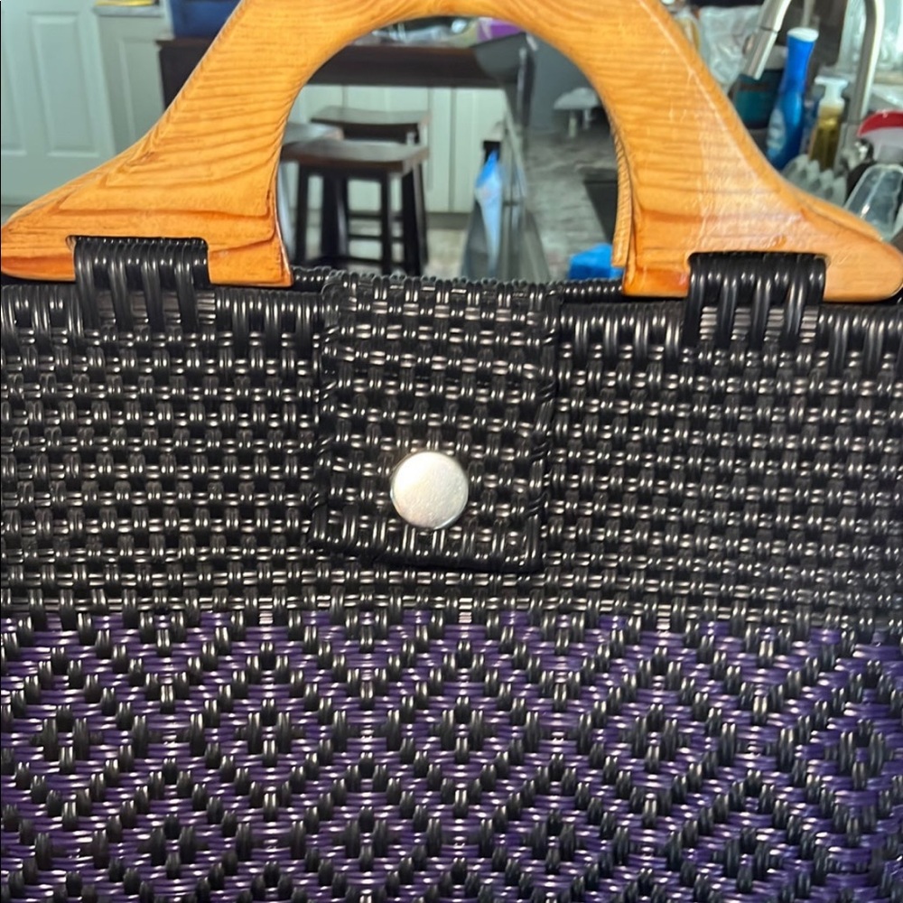 Handmade Woven Beach Bag/Purse with Wooden Handles